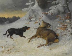 Ein Jagdhund Verbellt Einen Erlegten Rehbock by Julius Scheuerer