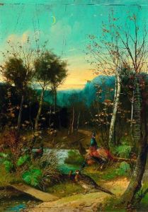 Fasane Und Hennen Vor Moorlandschaft by Julius Scheuerer