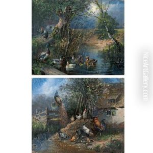 Ducks And Chickens In A Landscape (+ Peacocks And Chickens In A Farmyard; 2 Works) by Julius Scheuerer