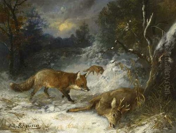 Fuchse Bei Einem Erlegten Rehbock Im Winterwald - view 1