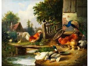 Federvieh Im Huhnerhof Mit Steg Uber Einen Bach by Julius Scheuerer