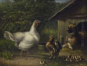Pute Und Henne Mit Kuken Vor Der Hutte Des Hofhundes
