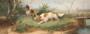 Jagdszene. Zwei Englische Setter Stellen Einen Fasan by Julius Scheuerer