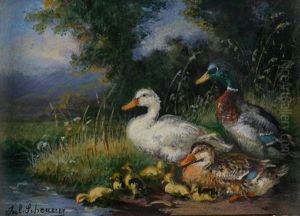 Entenfamilie Am Bach by Julius Scheuerer