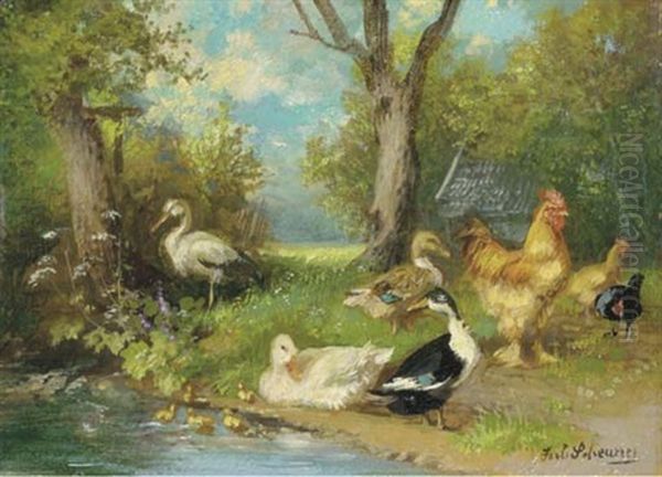 Geflugel: A Stork And Poultry By The Waterside - view 1
