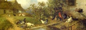 Chickens And Ducks By A Stream by Julius Scheuerer