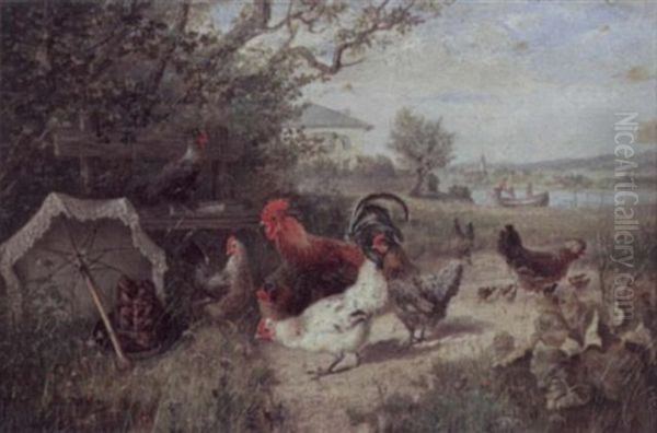 Rooster And Chickens In A Field - view 1