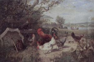 Rooster And Chickens In A Field by Julius Scheuerer