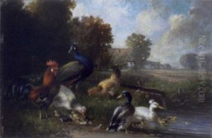 Huhner Und Enten Am Weiher by Julius Scheuerer