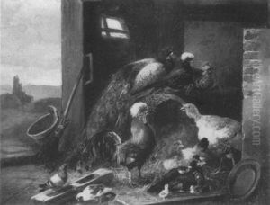 Pfau, Perlhuhn Und Taube Vor Dem Huhnerstall by Julius Scheuerer