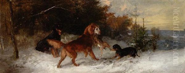 Zwei Dackel Und Ein Huhnerhund Mit Erlegtem Hasen Im Maul - view 1
