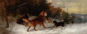 Zwei Dackel Und Ein Huhnerhund Mit Erlegtem Hasen Im Maul by Julius Scheuerer