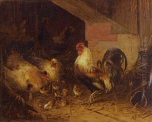 Barnyard Scene With Roosters, Hens And Chicks by Julius Scheuerer