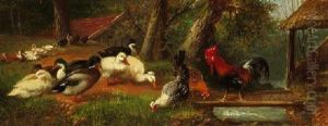 Enten Und Huhner Am Dorfbach by Julius Scheuerer