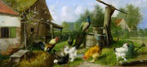 Hahn, Huhner Und Pfau Bei Einem Ziehbrunnen Auf Dem Bauernhof