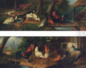 A Cockerel, Hens And A Peacock Before A Barn by Julius Scheuerer