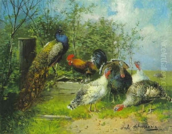 Hahn, Pfau Und Truthahne Am Brunnentrog - view 1