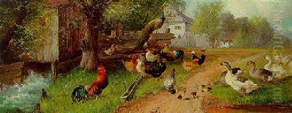 Hens, Geese And A Peacock By A Watermill - view 1