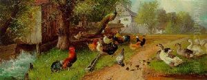Hens, Geese And A Peacock By A Watermill