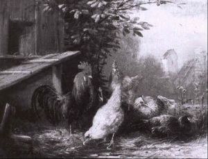 Hahn Und H_hner Vor Dem Stall Auf Der Wiese by Julius Scheuerer