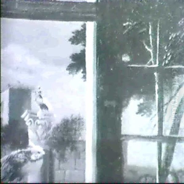 Pfauenpaar Auf Fenstersims Und Antiker Saule - view 1