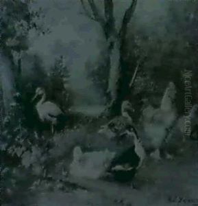 Tierfamilie Mit Hahn Und Zxwei Hennen, Drei Enten           Storch Auf Einem Wiesenstuck Am Bachufer