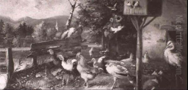 Turkeys, Chickens, Peacocks, Doves, Pigeons And A Heron - view 1