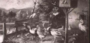 Turkeys, Chickens, Peacocks, Doves, Pigeons And A Heron by Julius Scheuerer