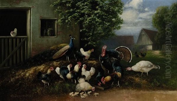 Pfau, Truthahn Und Huhner Mit Kuken Auf Dem Misthaufen - view 1