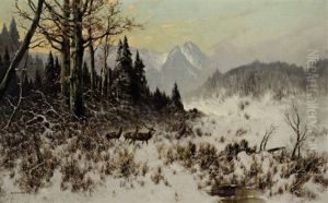 Hirsche In Winterlandschaft by Otto Scheuerer