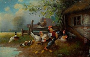 Federvieh Am Ufer Eines Ententeiches by Otto Scheuerer
