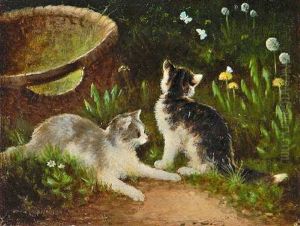 Zwei Katzchen Im Gras by Otto Scheuerer