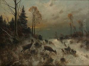 Winterlandschaft Mit Rehen Und Hasen by Otto Scheuerer
