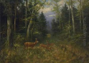 Rehe Auf Der Waldlichtung by Otto Scheuerer