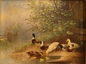 Entenfamilie An Einem Weiher (+ Huhner Unter Baumen Nahe Eines Bauernhofes; 2 Works) by Otto Scheuerer