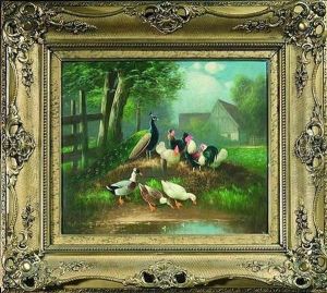 Bunte Huhnerschar Mit Enten Und Pfau Am Rande Eines Gehofts