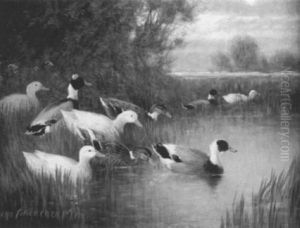 Entenfamilie Im Schilf Eines Sees by Otto Scheuerer