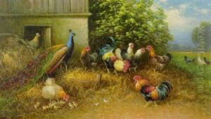 Pfau, Hahn Und Huhner Mit Kuken Vor Dem Stallgebaude
