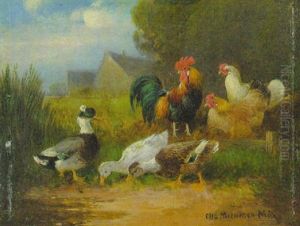 Hahn, Huhner Und Enten An Einem Wasser by Otto Scheuerer