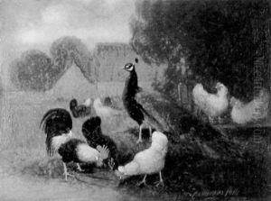 Bunter Geflugelhof Mit Einem Stehenden Frau Und Pickenden Huhnern Und Einem Hahn by Otto Scheuerer