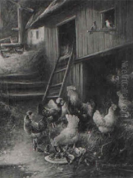 Roosters, Hens And Chicks In A Barnyard - view 1