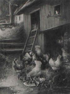 Roosters, Hens And Chicks In A Barnyard by Otto Scheuerer