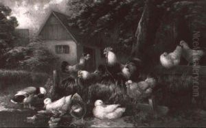 Hahn, Huhner Und Enten Am Teich by Otto Scheuerer