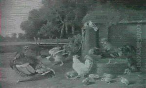 Hahn, Huhner, Kuken, Gans Und Truthahn Bei Einem Brunnen Vorlandschaft Mit Einem Teich
