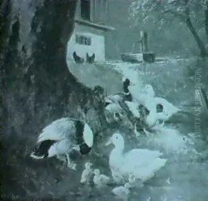 Enten Und Kuken Am Wasser Unter Einem Baum Nahe Dem Bauernhaus by Otto Scheuerer