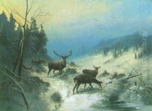 Hjortar I Vinterlandskap by Wilhelm Scheurer