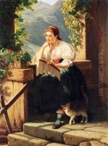 Bauerin Mit Stickerei Und Katze Bauerin Mit Stickerei Und Katze