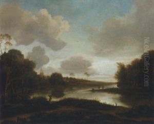 An Extensive River Landscape With Fishermen Hauling In Their Nets