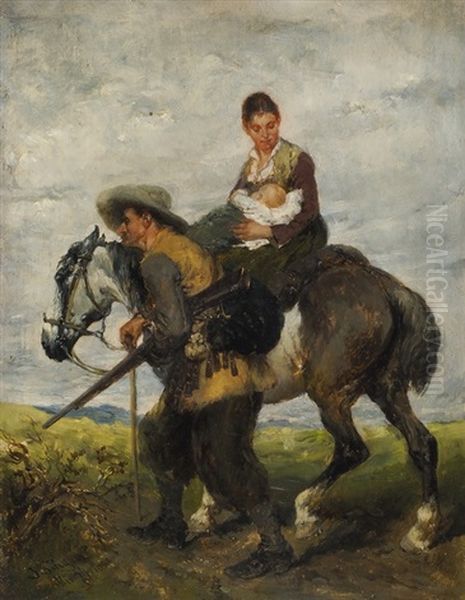 Mutter Mit Kind Auf Pferd, Von Jager Begleitet - view 1