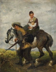 Mutter Mit Kind Auf Pferd, Von Jager Begleitet by Julius Schgoer